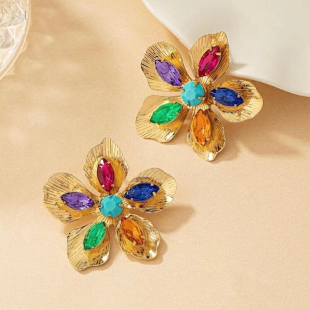 European American Style Colorful Rhinestone Metalic Stud earrings for women